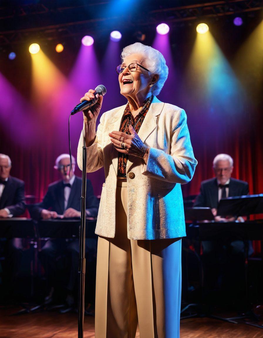An elderly performer on a vibrant stage, guised in elegant attire, gracefully singing into a vintage microphone while live streamed on multiple screens. Audience of diverse ages, some watching via mobile devices. Stage adorned with soft, nostalgic lighting. super-realistic. vibrant colors.