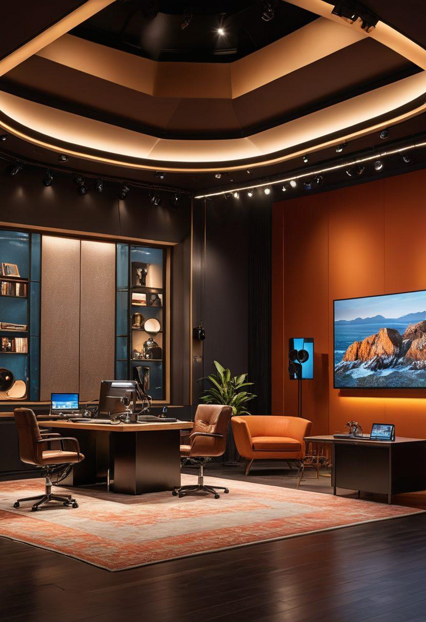 A sophisticated broadcasting studio with elegant lighting and modern equipment, featuring mature, confident performers engaged in meaningful conversations or creative activities. The backdrop should exhibit warm, inviting tones and subtle sensuality, representing authenticity and maturity. super-realistic. vibrant colors. warm background.